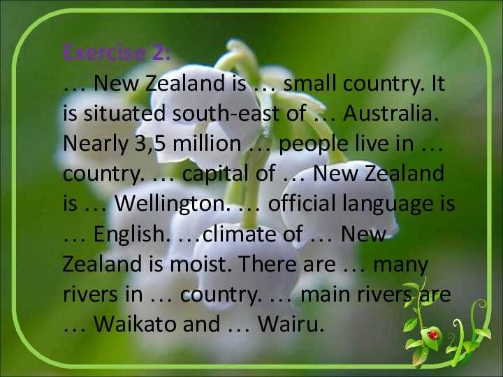 Exercise 2:… New Zealand is … small country. It is situated