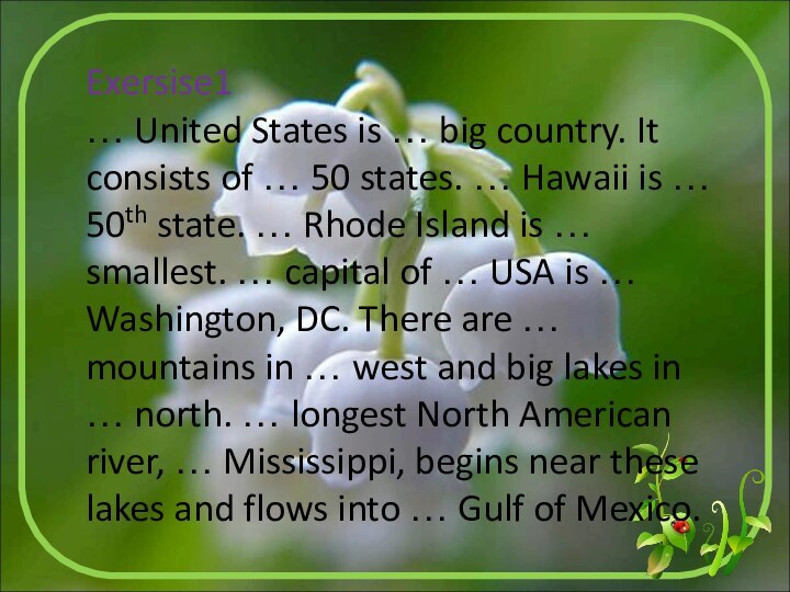 Exersise1 … United States is … big country. It consists of …