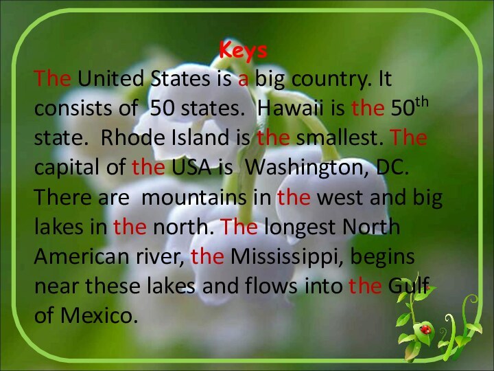 KeysThe United States is a big country. It consists of 50