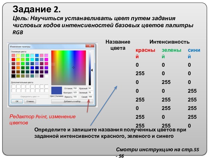 Задание 2. Цель: Научиться устанавливать цвет путем задания числовых кодов интенсивностей базовых