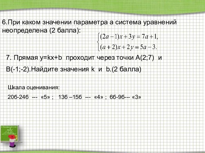 6.При каком значении параметра a система уравнений неопределена (2 балла):7. Прямая y=kx+b