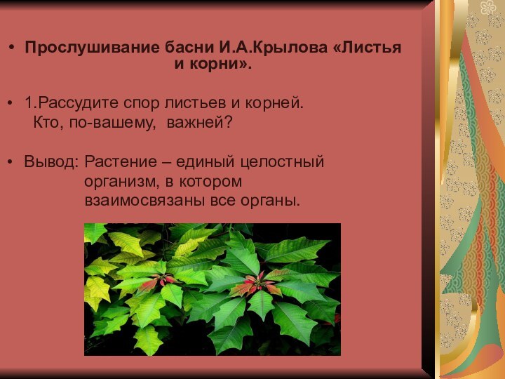 Прослушивание басни И.А.Крылова «Листья и корни».1.Рассудите спор листьев и корней.