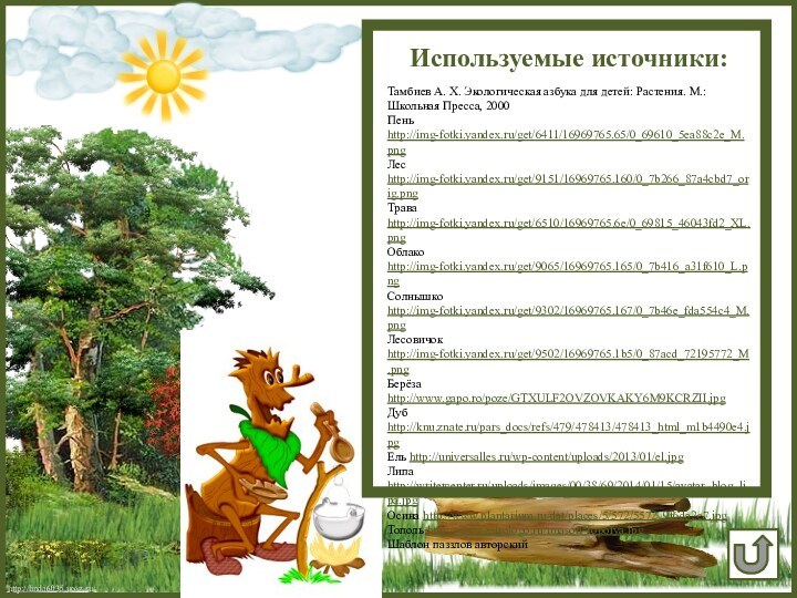 Используемые источники:Тамбиев А. Х. Экологическая азбука для детей: Растения. М.: Школьная