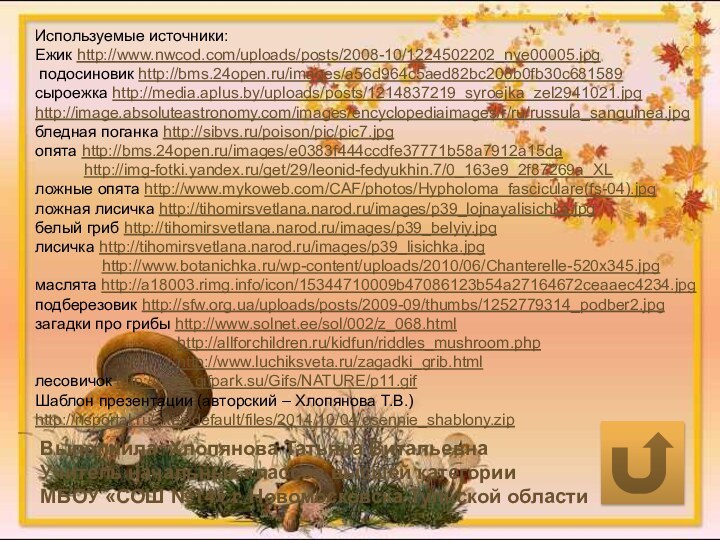 Используемые источники:Ежик http://www.nwcod.com/uploads/posts/2008-10/1224502202_nve00005.jpg подосиновик http://bms.24open.ru/images/a56d964c5aed82bc208b0fb30c681589сыроежка http://media.aplus.by/uploads/posts/1214837219_syroejka_zel2941021.jpg