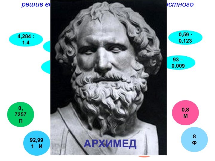 решив верно задания, вы узнаете имя известного математика Древней Греции 4,284 :