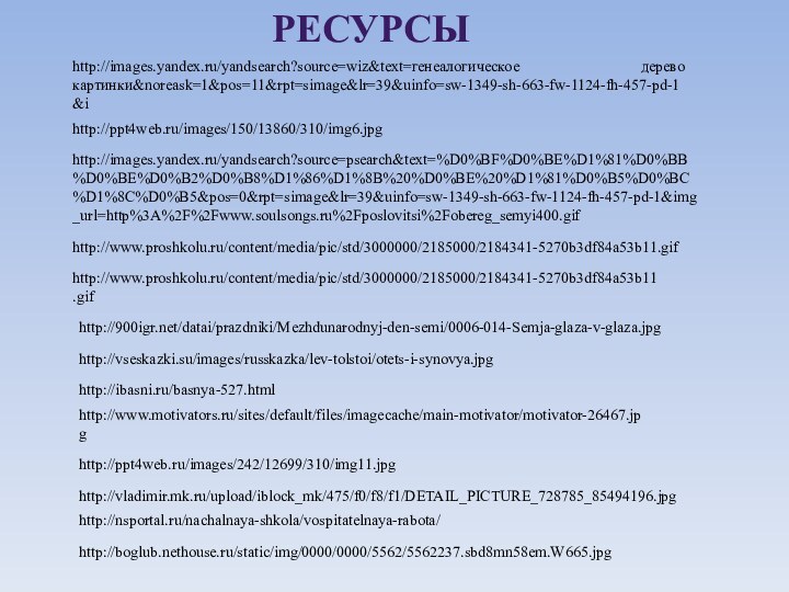 http://images.yandex.ru/yandsearch?source=wiz&text=генеалогическое дерево картинки&noreask=1&pos=11&rpt=simage&lr=39&uinfo=sw-1349-sh-663-fw-1124-fh-457-pd-1&ihttp://images.yandex.ru/yandsearch?source=psearch&text=%D0%BF%D0%BE%D1%81%D0%BB%D0%BE%D0%B2%D0%B8%D1%86%D1%8B%20%D0%BE%20%D1%81%D0%B5%D0%BC%D1%8C%D0%B5&pos=0&rpt=simage&lr=39&uinfo=sw-1349-sh-663-fw-1124-fh-457-pd-1&img_url=http%3A%2F%2Fwww.soulsongs.ru%2Fposlovitsi%2Fobereg_semyi400.gifhttp://www.proshkolu.ru/content/media/pic/std/3000000/2185000/2184341-5270b3df84a53b11.gifhttp://www.proshkolu.ru/content/media/pic/std/3000000/2185000/2184341-5270b3df84a53b11.gifhttp://ppt4web.ru/images/150/13860/310/img6.jpghttp:///datai/prazdniki/Mezhdunarodnyj-den-semi/0006-014-Semja-glaza-v-glaza.jpghttp://vseskazki.su/images/russkazka/lev-tolstoi/otets-i-synovya.jpghttp://ibasni.ru/basnya-527.htmlhttp://www.motivators.ru/sites/default/files/imagecache/main-motivator/motivator-26467.jpgРесурсы http://ppt4web.ru/images/242/12699/310/img11.jpghttp://boglub.nethouse.ru/static/img/0000/0000/5562/5562237.sbd8mn58em.W665.jpghttp://vladimir.mk.ru/upload/iblock_mk/475/f0/f8/f1/DETAIL_PICTURE_728785_85494196.jpghttp://nsportal.ru/nachalnaya-shkola/vospitatelnaya-rabota/