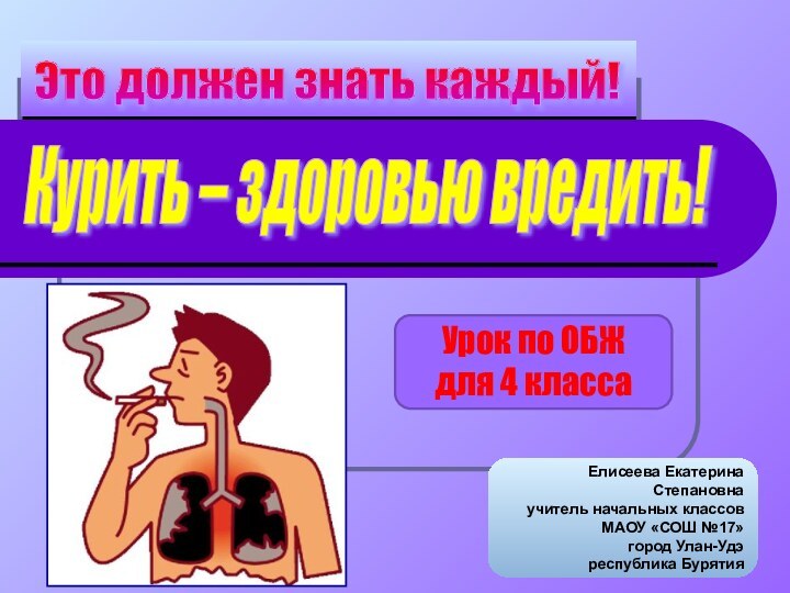 Курить – здоровью вредить! Это должен знать каждый! Елисеева Екатерина Степановнаучитель начальных