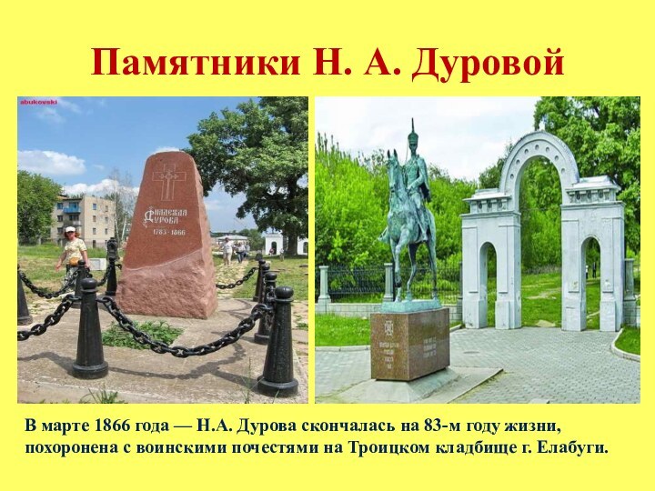 Памятники Н. А. Дуровой В марте 1866 года — Н.А. Дурова скончалась