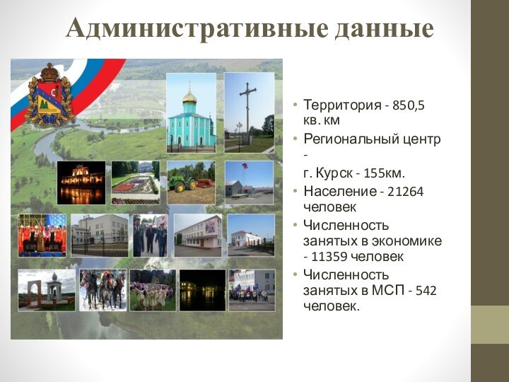 Административные данныеТерритория - 850,5 кв. кмРегиональный центр -  г. Курск -