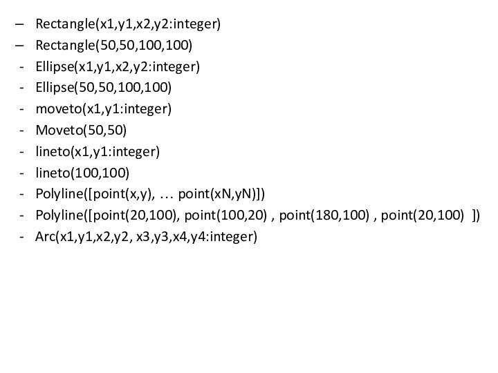 Rectangle(x1,y1,x2,y2:integer)Rectangle(50,50,100,100)Ellipse(x1,y1,x2,y2:integer)Ellipse(50,50,100,100)moveto(x1,y1:integer)Moveto(50,50)lineto(x1,y1:integer)lineto(100,100)Polyline([point(x,y), … point(xN,yN)])Polyline([point(20,100), point(100,20) , point(180,100) , point(20,100) ])Arc(x1,y1,x2,y2, x3,y3,x4,y4:integer)