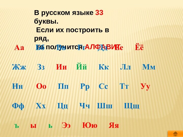 В русском языке 33 буквы. Если их построить в ряд, то получится