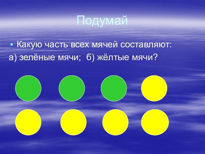 ПодумайКакую часть всех мячей составляют:а) зелёные мячи; б) жёлтые мячи?