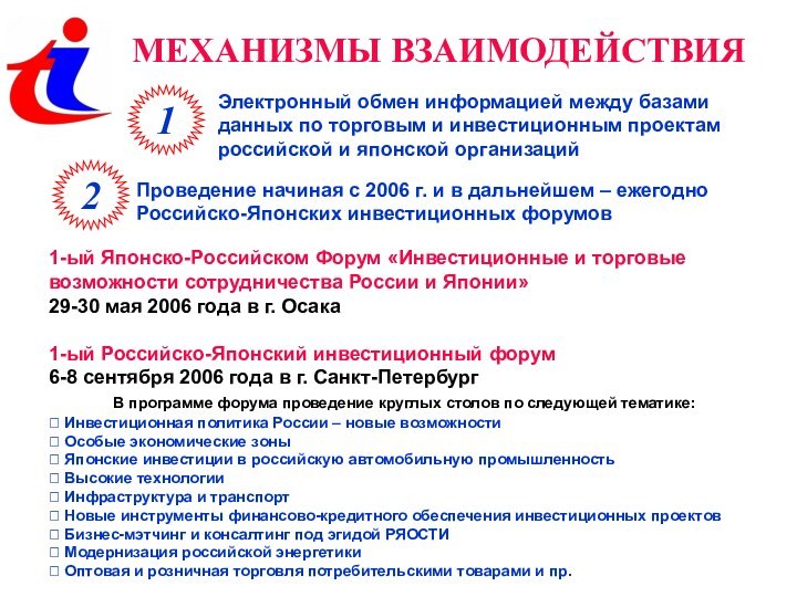 МЕХАНИЗМЫ ВЗАИМОДЕЙСТВИЯ12Электронный обмен информацией между базамиданных по торговым и инвестиционным проектамроссийской и