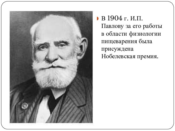 В 1904 г. И.П. Павлову за его работы в области физиологии пищеварения была присуждена Нобелевская премия.
