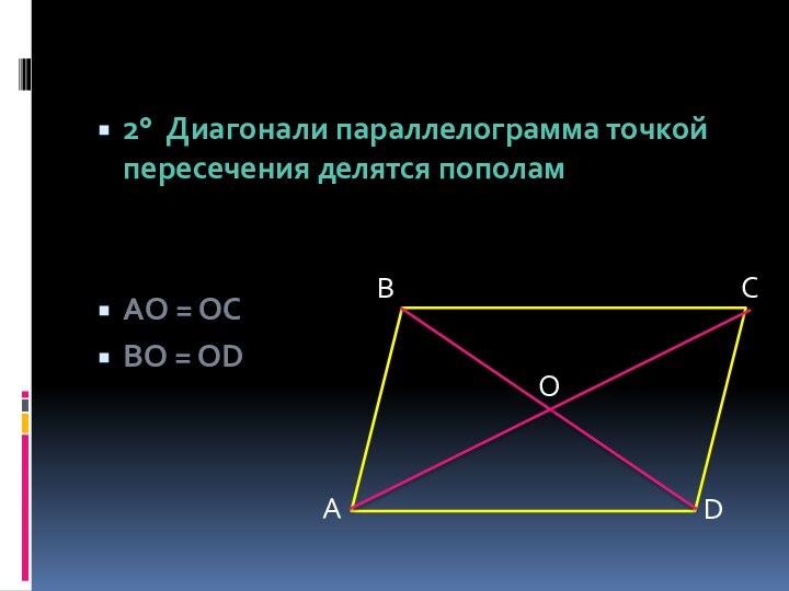 2° Диагонали параллелограмма точкой пересечения делятся пополам AO = OCBO = ODABCDO
