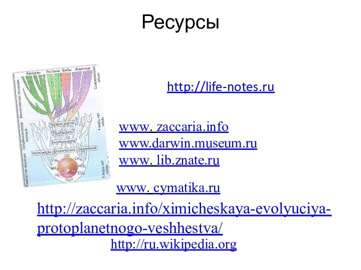 Ресурсы  http://life-notes.ruwww. cymatika.ru www. zaccaria.infowww.darwin.museum.ruwww. lib.znate.ru http://ru.wikipedia.org http://zaccaria.info/ximicheskaya-evolyuciya-protoplanetnogo-veshhestva/