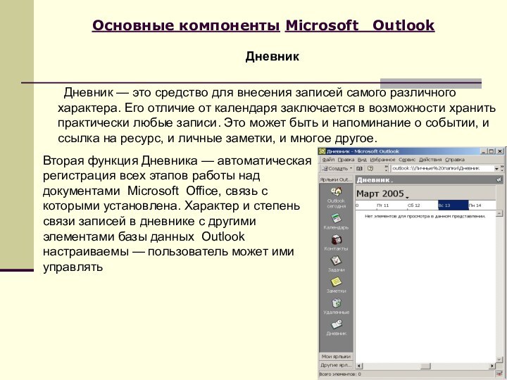 Основные компоненты Microsoft  Outlook	Дневник — это средство для внесения