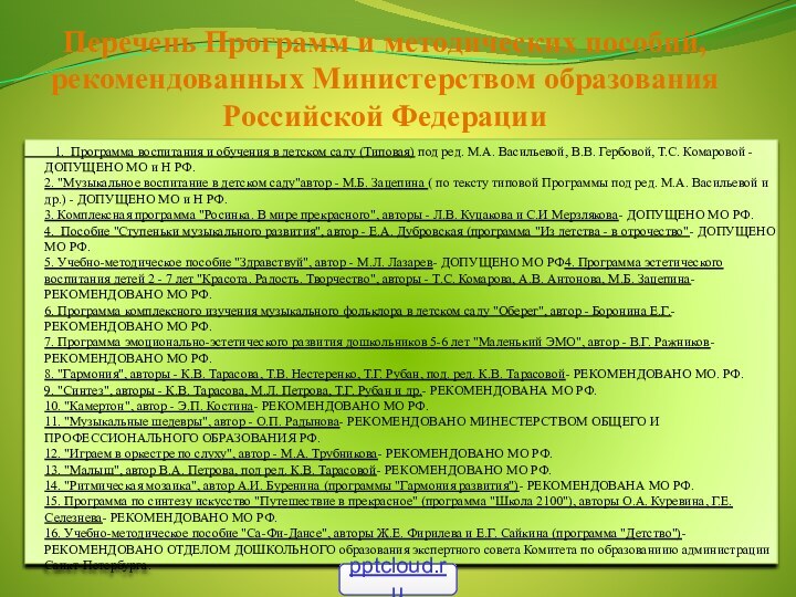 Перечень Программ и методических пособий, рекомендованных Министерством образования Российской Федерации