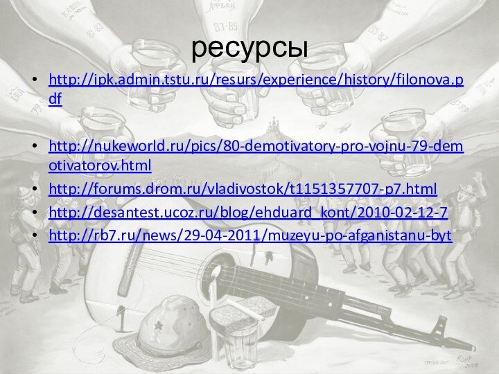 ресурсыhttp://ipk.admin.tstu.ru/resurs/experience/history/filonova.pdfhttp://nukeworld.ru/pics/80-demotivatory-pro-vojnu-79-demotivatorov.htmlhttp://forums.drom.ru/vladivostok/t1151357707-p7.htmlhttp://desantest.ucoz.ru/blog/ehduard_kont/2010-02-12-7http://rb7.ru/news/29-04-2011/muzeyu-po-afganistanu-byt