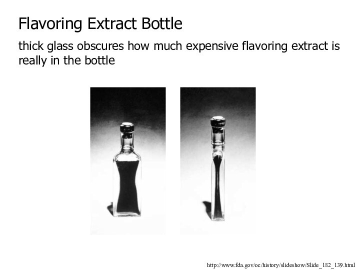http://www.fda.gov/oc/history/slideshow/Slide_182_139.htmlFlavoring Extract Bottlethick glass obscures how much expensive flavoring extract is really in the bottle