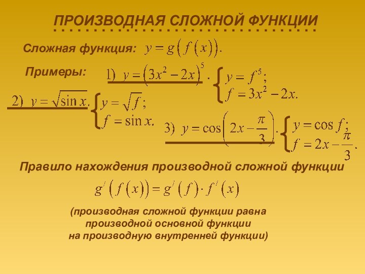 Сложная функция: Примеры:Правило нахождения производной сложной функции(производная сложной функции равна производной основной функциина производную внутренней функции)