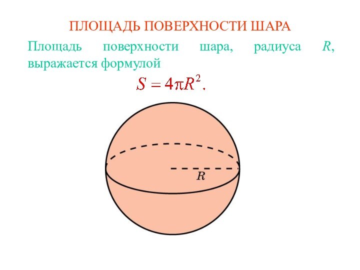 ПЛОЩАДЬ ПОВЕРХНОСТИ ШАРАПлощадь поверхности шара, радиуса R, выражается формулой