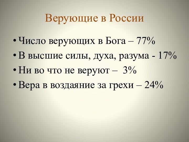 Верующие в РоссииЧисло верующих в Бога – 77%В высшие силы, духа, разума