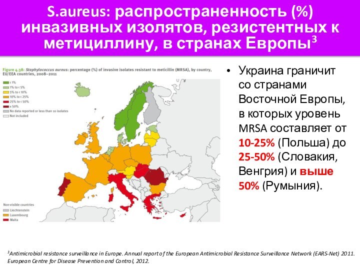 Украина граничит со странами Восточной Европы, в которых уровень MRSA составляет от