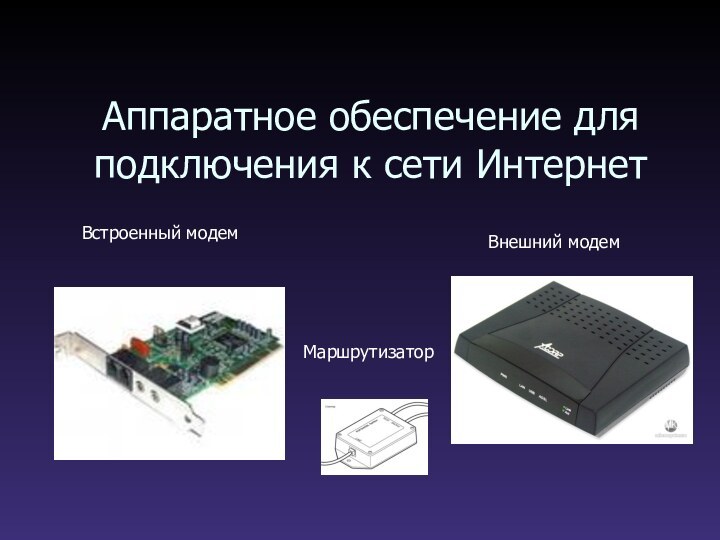 Аппаратное обеспечение для подключения к сети ИнтернетВстроенный модемВнешний модемМаршрутизатор