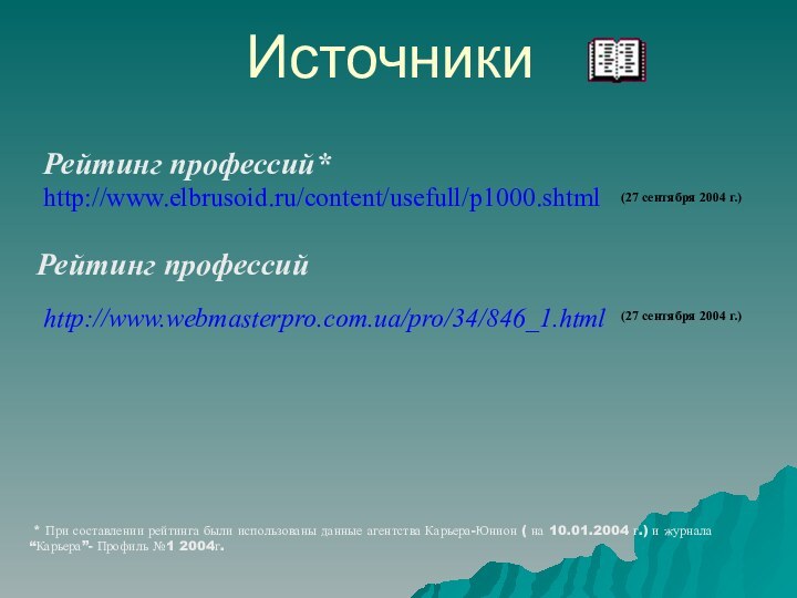 Источникиhttp://www.elbrusoid.ru/content/usefull/p1000.shtmlРейтинг профессий*http://www.webmasterpro.com.ua/pro/34/846_1.html(27 сентября 2004 г.)(27 сентября 2004 г.)Рейтинг профессий * При составлении