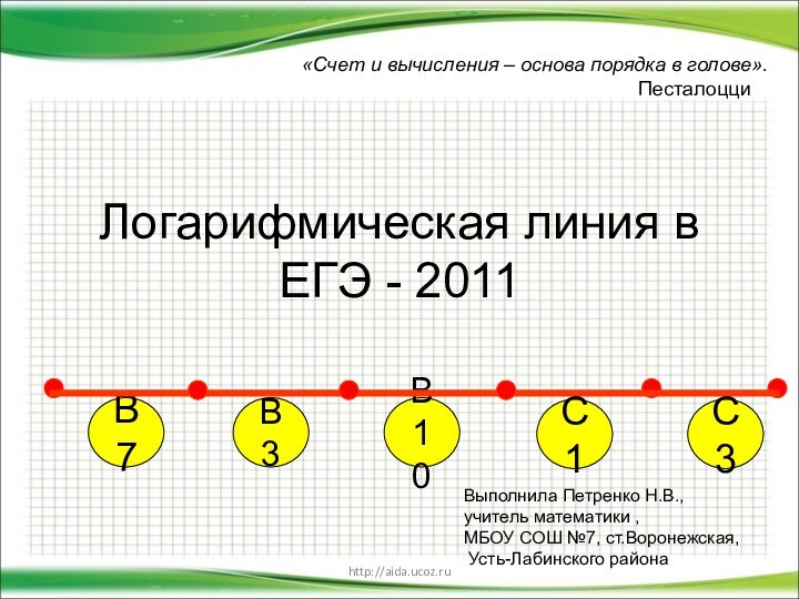 http://aida.ucoz.ruЛогарифмическая линия в ЕГЭ - 2011«Счет и вычисления – основа порядка в