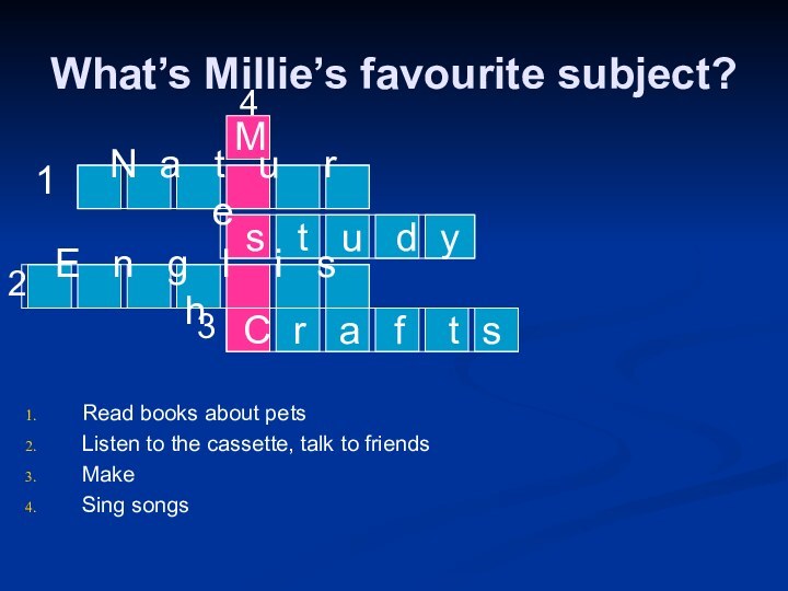 What’s Millie’s favourite subject?Read books about petsListen to the cassette, talk to