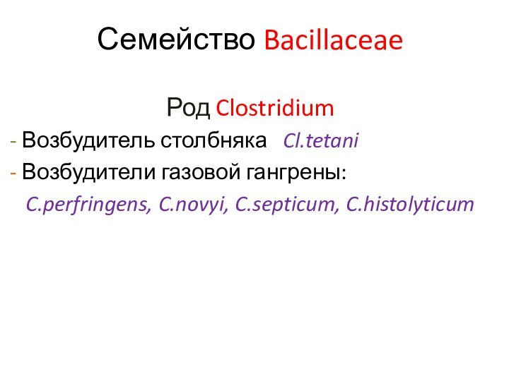 Семейство BacillaceaeРод Clostridium - Возбудитель столбняка  Cl.tetani - Возбудители газовой гангрены:C.perfringens, C.novyi, C.septicum, C.histolyticum