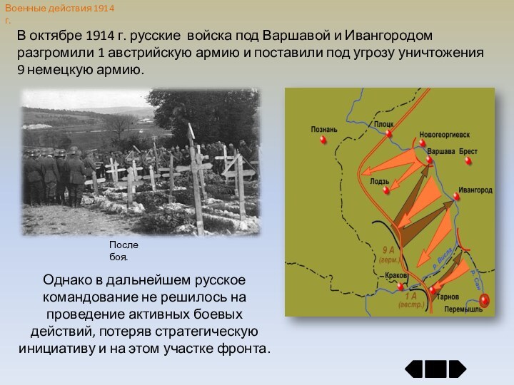 Военные действия 1914 г.В октябре 1914 г. русские войска под Варшавой