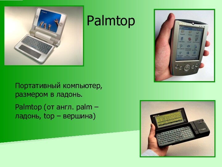 PalmtopПортативный компьютер, размером в ладонь.Palmtop (от англ. palm – ладонь, top – вершина)