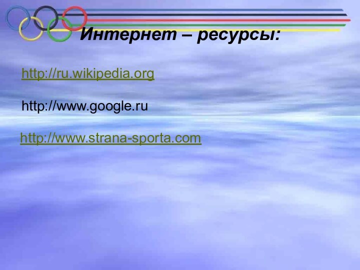 Интернет – ресурсы:http://ru.wikipedia.org http://www.google.ruhttp://www.strana-sporta.com