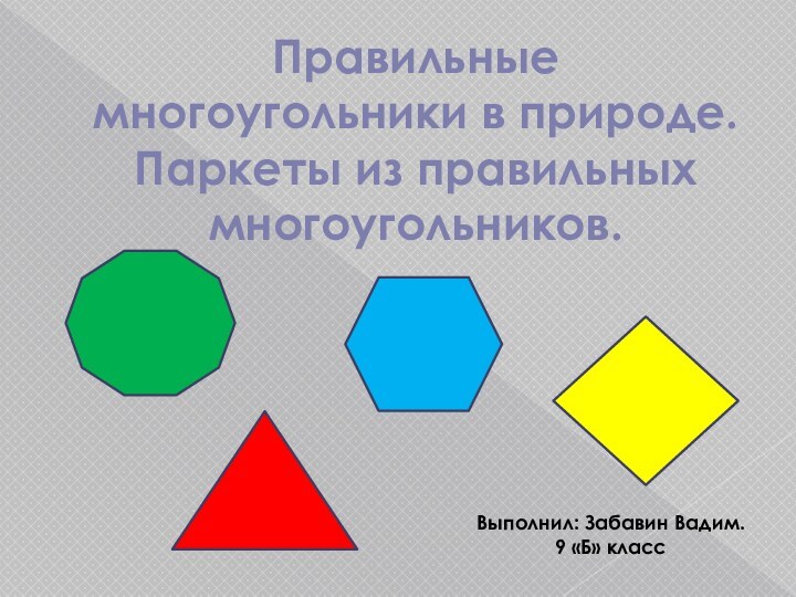 Правильные многоугольники в природе. Паркеты из правильных многоугольников.Выполнил: Забавин Вадим.9 «Б» класс