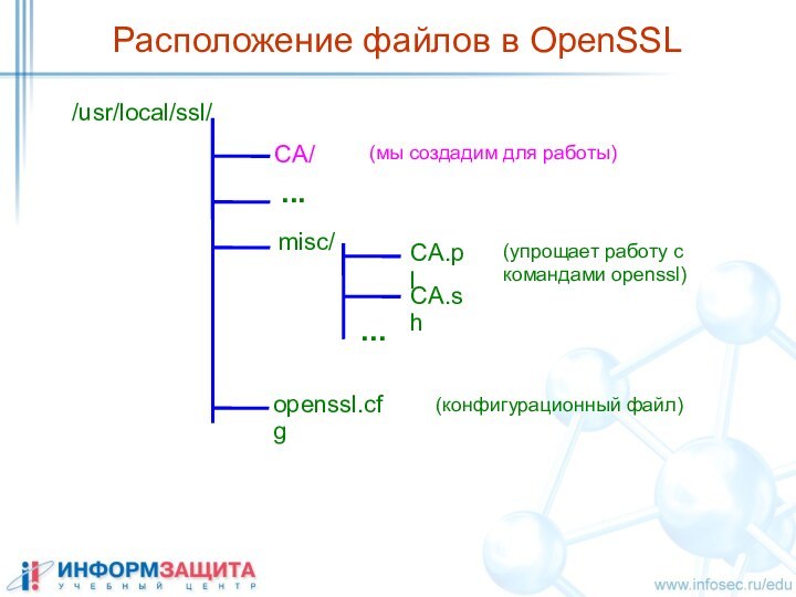 Расположение файлов в OpenSSL /usr/local/ssl/CA/misc/CA.plCA.sh......openssl.cfg(мы создадим для работы)(упрощает работу с командами openssl)(конфигурационный файл)