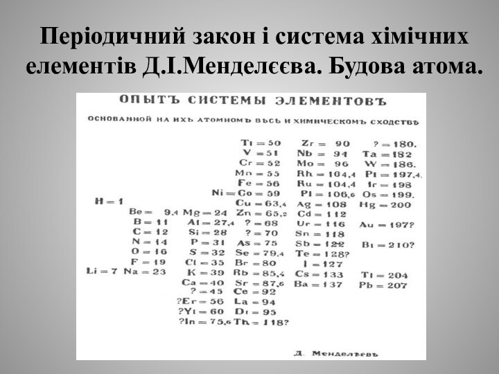 Періодичний закон і система хімічних елементів Д.І.Менделєєва. Будова атома.