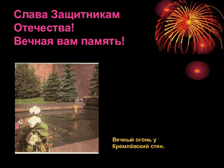 Слава Защитникам Отечества!Вечная вам память!Вечный огонь у Кремлёвский стен.