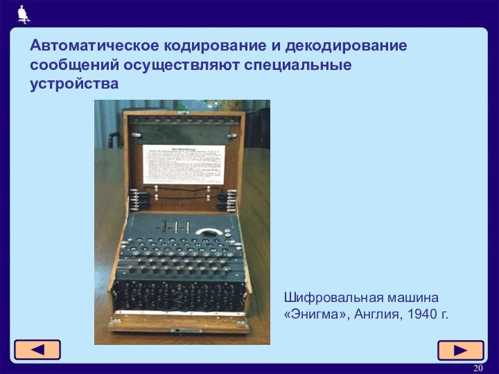 Автоматическое кодирование и декодирование сообщений осуществляют специальные устройстваШифровальная машина «Энигма», Англия, 1940 г.
