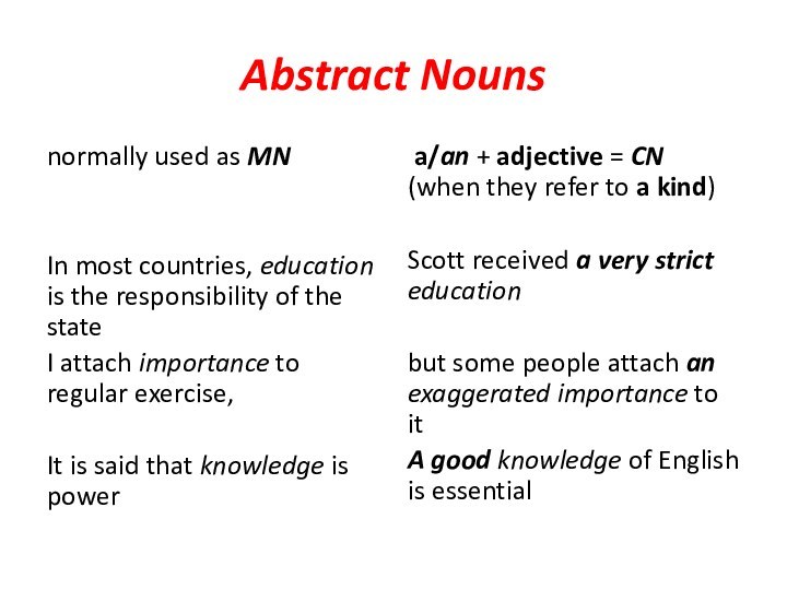 Abstract Nounsnormally used as MNIn most countries, education is the responsibility of