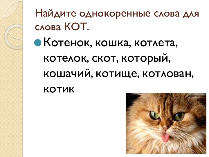 Найдите однокоренные слова для слова КОТ.Котенок, кошка, котлета, котелок, скот, который, кошачий, котище, котлован, котик