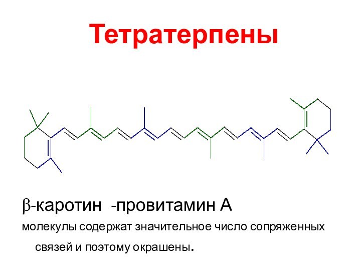 Тетратерпеныb-каротин -провитамин А молекулы содержат значительное число сопряженных связей и поэтому окрашены.