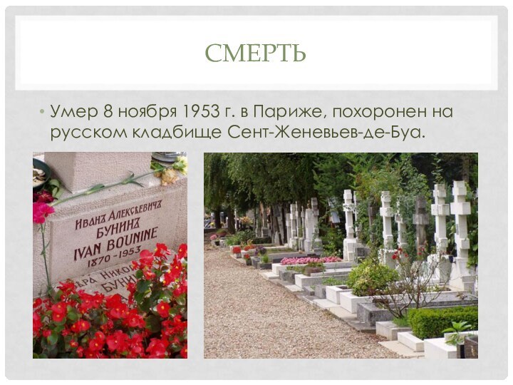 смертьУмер 8 ноября 1953 г. в Париже, похоронен на русском кладбище Сент-Женевьев-де-Буа.
