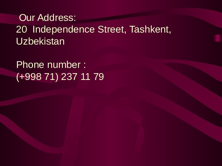 Our Address: 20 Independence Street, Tashkent, Uzbekistan