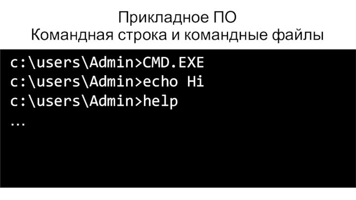 Прикладное ПОКомандная строка и командные файлыc:\users\Admin>CMD.EXEc:\users\Admin>echo Hic:\users\Admin>help…