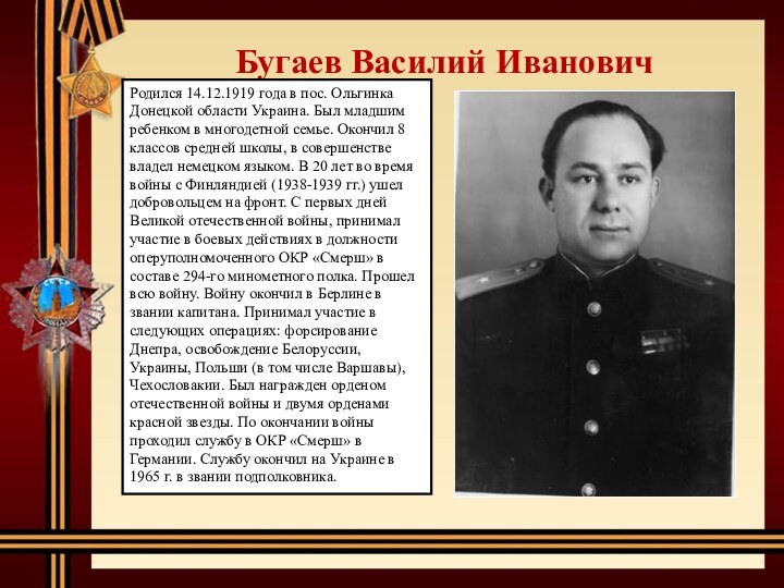 Бугаев Василий ИвановичРодился 14.12.1919 года в пос. Ольгинка Донецкой области Украина. Был