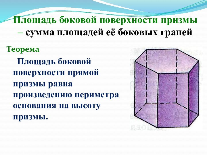 Площадь боковой поверхности призмы – сумма площадей её боковых гранейТеорема