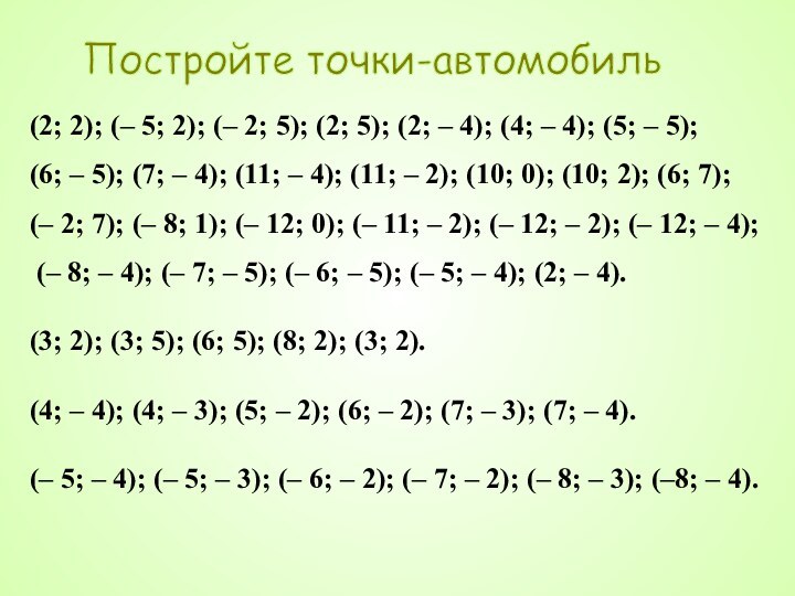 Постройте точки-автомобиль(2; 2); (– 5; 2); (– 2; 5); (2; 5); (2;